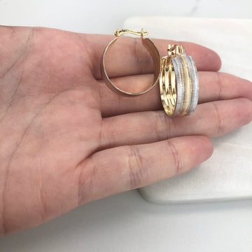18K Gold Layered Oro Laminado 23 mm Two Tone Texturized Hoops Wholesales 21.0276